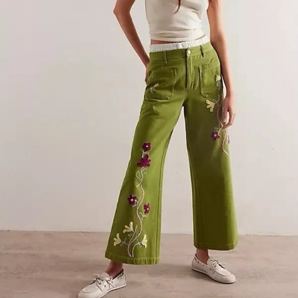 Free People Olive Green Wide-Leg Embroidered Jeans
